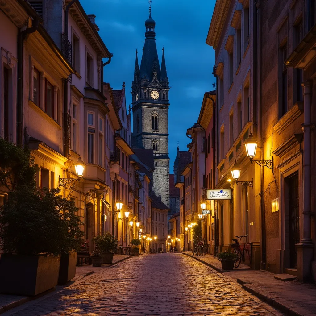 Cidade histórica iluminada à noite